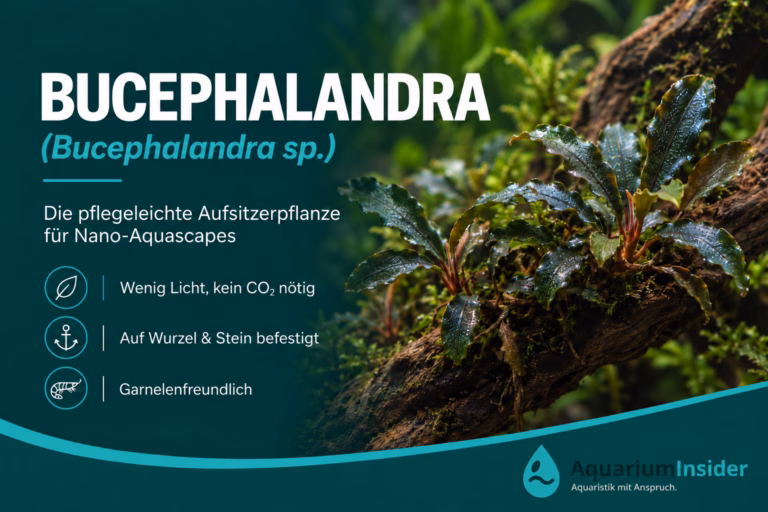Bucephalandra sp. mit schimmernden Blättern auf Moorkienholz im Nano-Aquascape