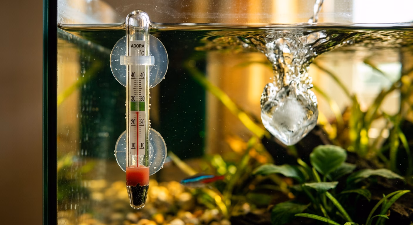 Eis ins Aquarium – Thermometer im Aquarium, im Hintergrund ein Eiswürfel im Wasser