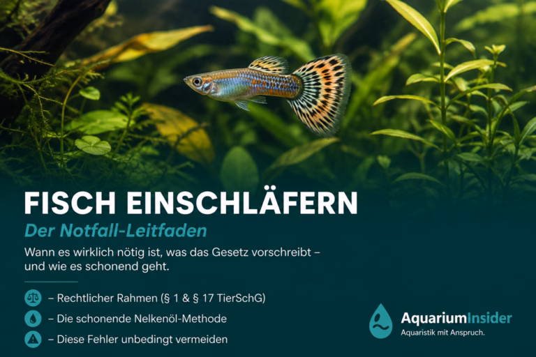 Fisch einschläfern – Notfall-Guide mit wichtigen No-Gos Wann Fisch einschläfern gerechtfertigt ist, was das Tierschutzgesetz vorschreibt, die schonende Nelkenöl-Methode Schritt für Schritt – und welche Fehler unnötiges Leid verursachen. Fisch einschläfern – ruhiges, gedämpft beleuchtetes Süßwasseraquarium mit Guppy